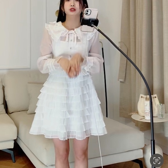 Japanese Kawaii Miu White Princess Balletcore Tiered Layered Ruffle Mini Dress - Picture 3 of 7